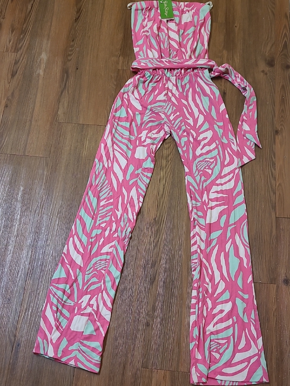 Lilly Pulitzer Pink and Mint Strapless Printed Jumpsuit with Self Tie